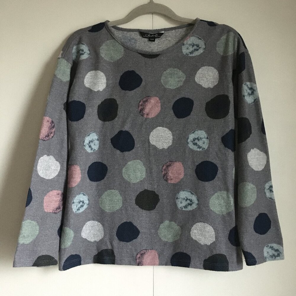 Charlie B Polka Dot Crewneck Sweater Soft Lightweight Fleece Pastel & Grey M